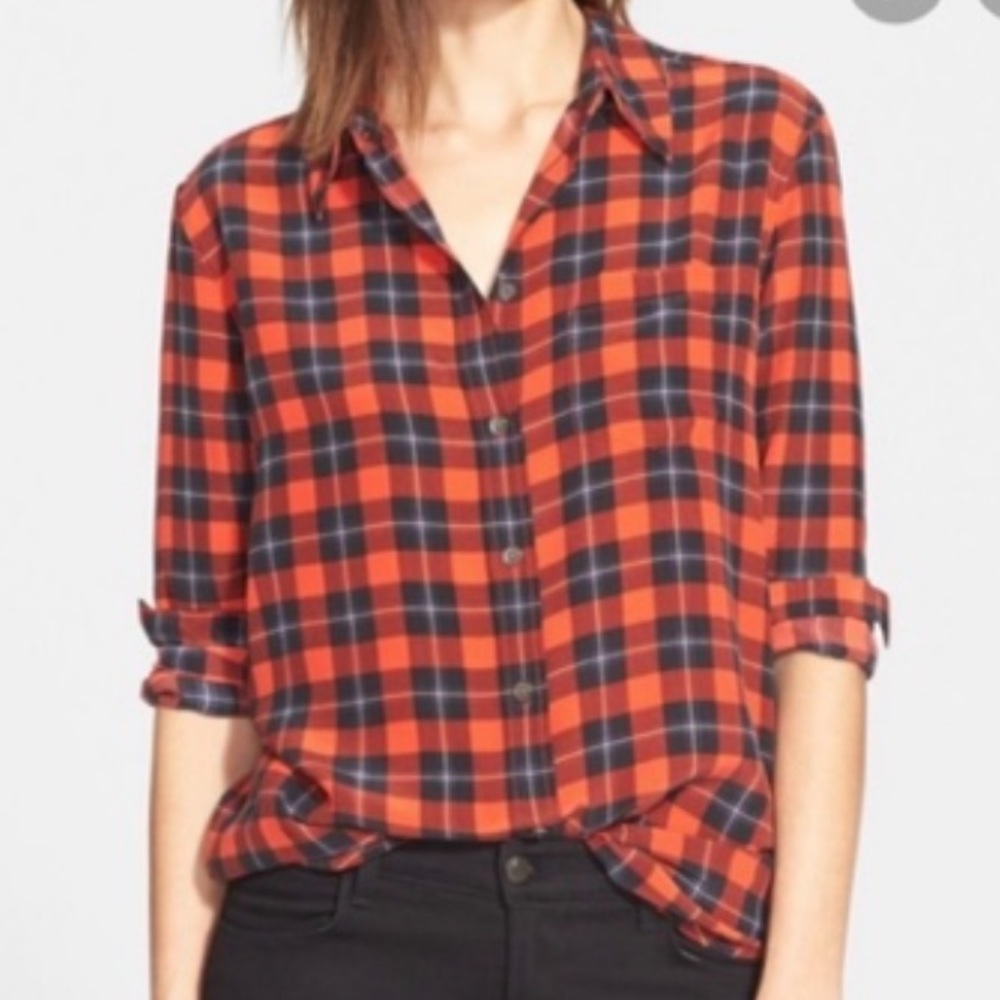Equipment Femme 100% Silk Reese Red Plaid Button Up Top, XS